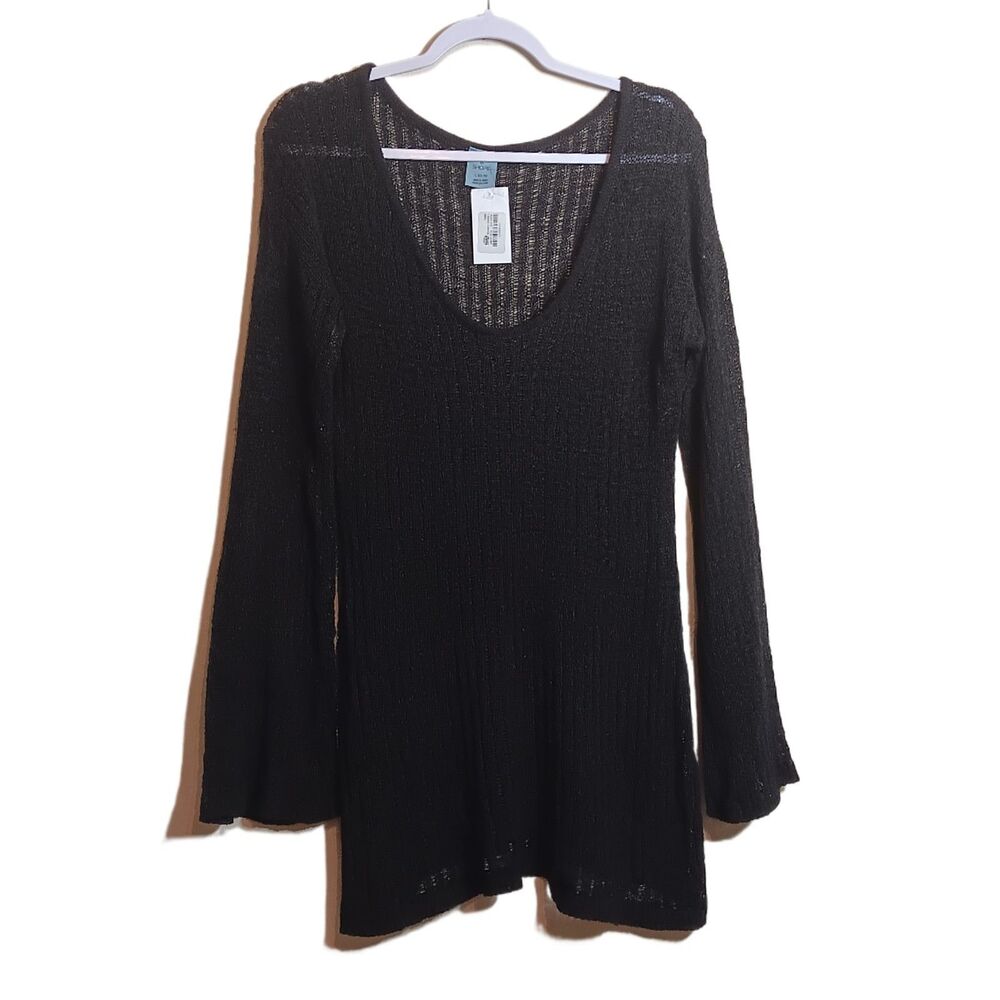 Shade & Shore Crochet Mini Dress Womens L Black Ribbed Knit Boho Swim Cover New
